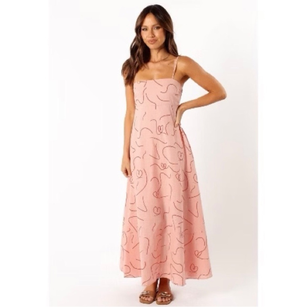 Petal & Pup Dress 100% Cotton Heart Print Linen Style Pink Maxi Dress